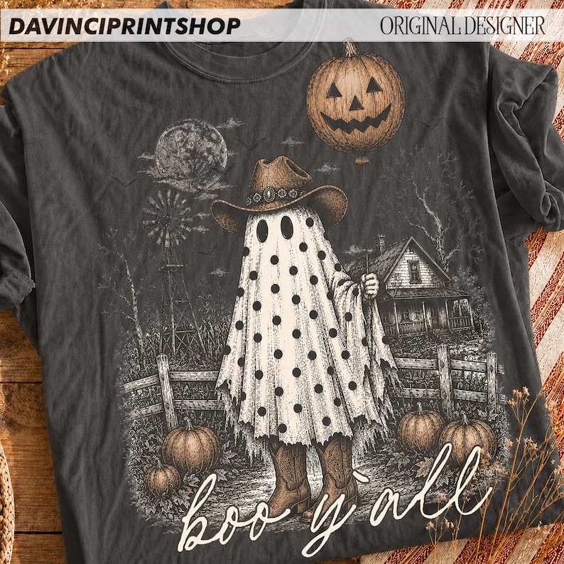 K&ouml;nnte beinhalten: Ein anthrazitfarbenes T-Shirt mit einer Grafik eines Geistes, der einen Cowboyhut und Stiefel tr&auml;gt und mit schwarzen Punkten bedeckt ist. Das Motiv zeigt einen K&uuml;rbis, ein Bauernhaus, eine Windm&uuml;hle und einen Vollmond. Der Text "boo y'all" ist wei&szlig; gedruckt.