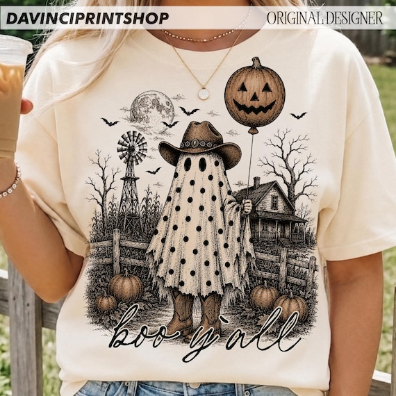 Boo Y'all Ghost PNG, Western Halloween Ghost Sublimation, Vintage Farmhouse Ghost Cowgirl PNG, Spooky Fall Country Shirt Design