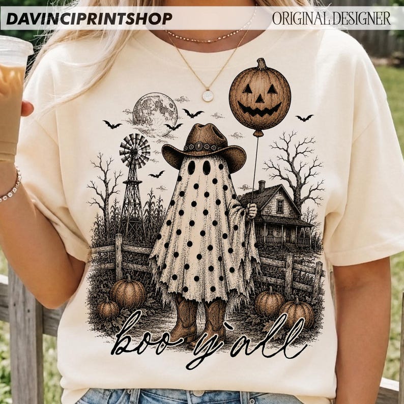 Boo ihr Geist PNG, Western Halloween Geist Sublimation, Vintage Bauernhaus Geist Cowgirl PNG, Gruseliger Herbst Land Shirt Design Bild 1