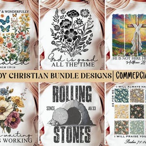 Op de afbeelding: Een set van zes christelijke ontwerpen met bloemmotieven, inspirerende citaten en religieuze afbeeldingen. De ontwerpen bevatten zinnen als "God is goed", "Gemaakt" en "Rollende stenen".