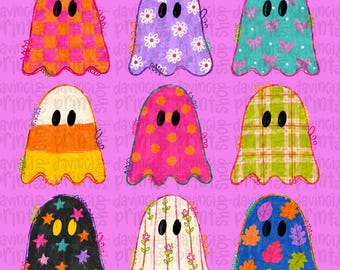 Preppy Halloween Ghost PNG, Colorful Pattern Ghosts, Cute Spooky Season Sublimation, Girly Fall Halloween Shirt Design, Retro Ghost PNG