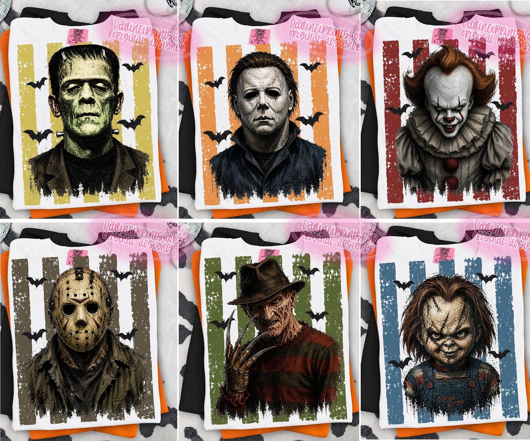 Preppy Horror PNG Bundle, Retro Halloween Characters, Colorful Stripe Sublimation Designs,