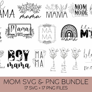 Pode incluir: Um pacote de download digital de 17 arquivos SVG e 17 arquivos PNG com v&aacute;rios designs tem&aacute;ticos de m&atilde;e. Os designs incluem frases baseadas em texto como "Girl Mama", "Mom Mode", "Mama Vibes" e "Blessed Mom", bem como ilustra&ccedil;&otilde;es florais e animais.