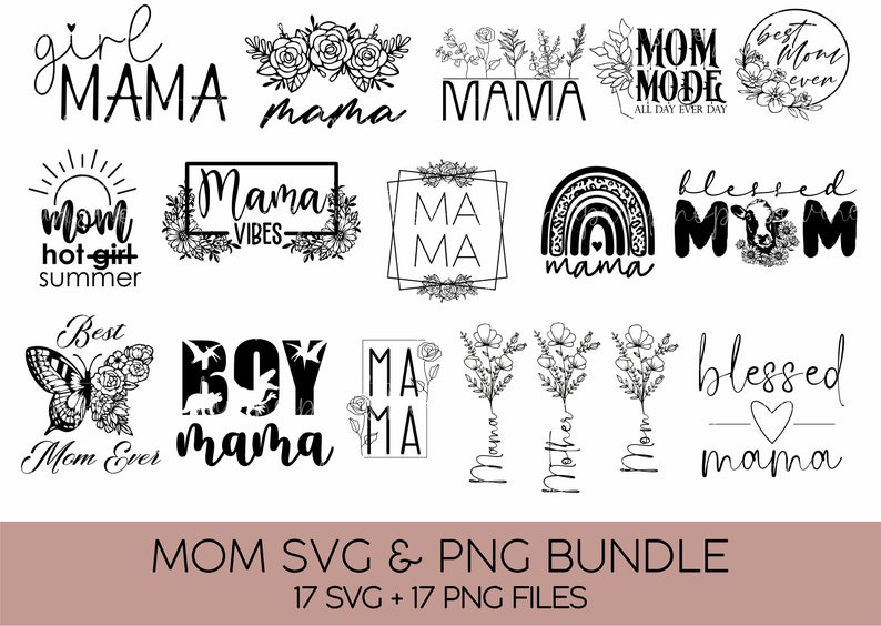 Pode incluir: Um pacote de download digital de 17 arquivos SVG e 17 arquivos PNG com v&aacute;rios designs tem&aacute;ticos de m&atilde;e. Os designs incluem frases baseadas em texto como "Girl Mama", "Mom Mode", "Mama Vibes" e "Blessed Mom", bem como ilustra&ccedil;&otilde;es florais e animais.