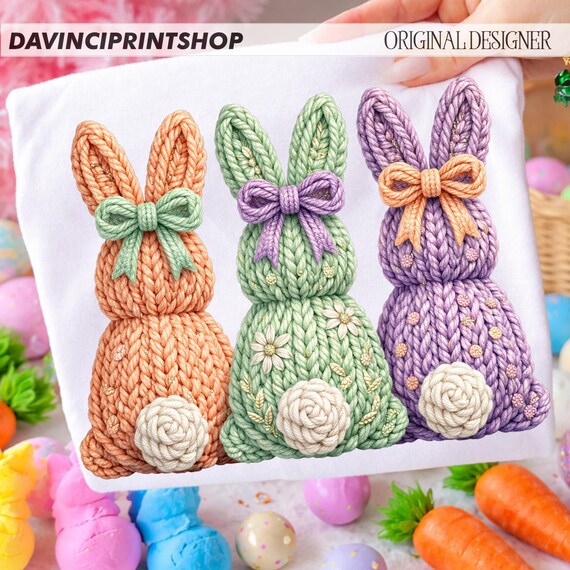 Faux Yarn Easter Bunnies png, Chunky Yarn Easter Bunny Png, Chunky Knit Coquette Easter Bunnies Sublimation, Cute Easter png, Spring png