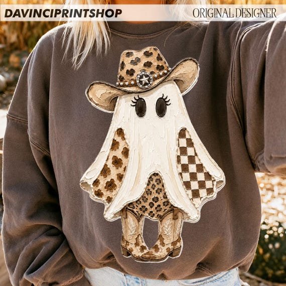 Cowgirl Ghost PNG, Western Halloween Ghost PNG, Girly Halloween Ghost, Preppy Coquette Ghost, Cowboy Boots, Leopard Checkered Sublimation