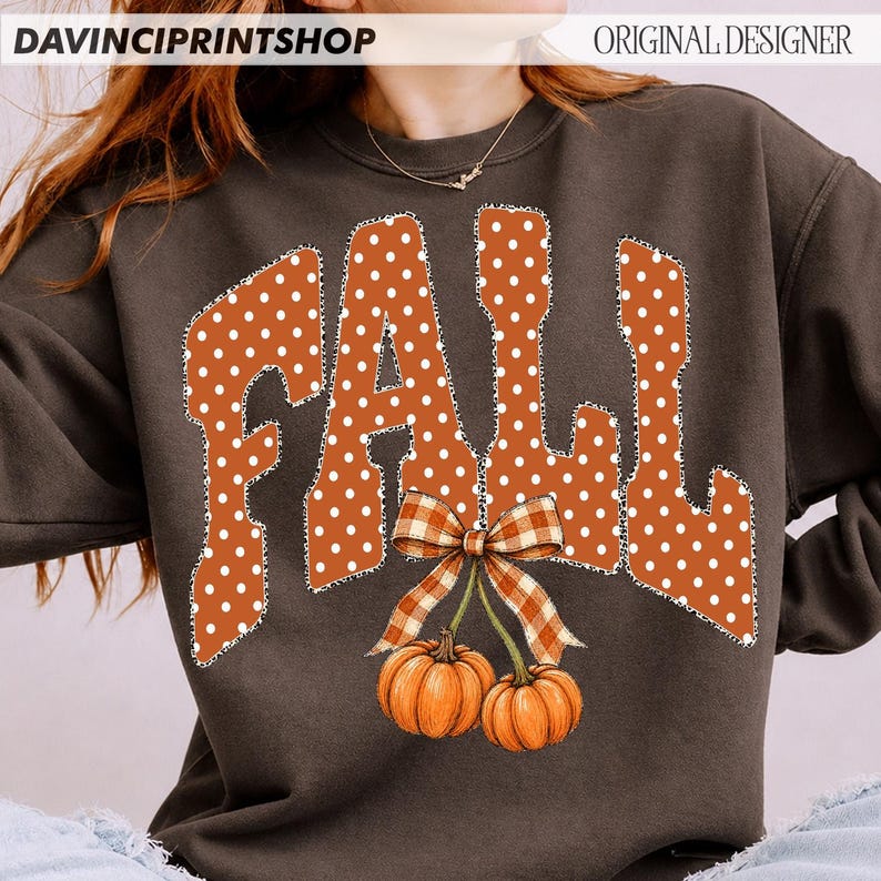 Fall Pumpkin Bow PNG, Preppy Fall PNG, Coquette Autumn Design, Cute Pumpkin Shirt PNG, Polka Dot Fall Letters, Autumn Sublimation image 7