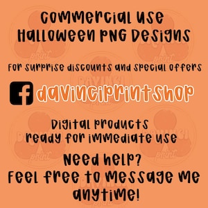 K&ouml;nnte beinhalten: Ein orangefarbener Grafik mit schwarzem Text, der "Commercial Use Halloween PNG Designs" bewirbt. Es enth&auml;lt auch den Text "For surprise discounts and special offers" und "Digital products ready for immediate use."