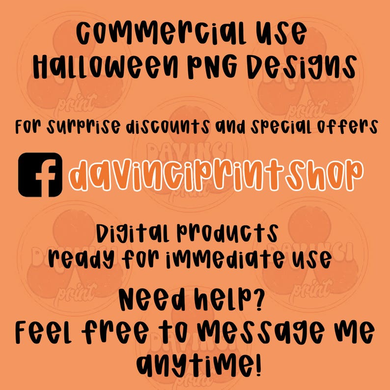 K&ouml;nnte beinhalten: Ein orangefarbener Grafik mit schwarzem Text, der "Commercial Use Halloween PNG Designs" bewirbt. Es enth&auml;lt auch den Text "For surprise discounts and special offers" und "Digital products ready for immediate use."