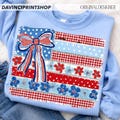 Coquette American Flag PNG, Patriotic Bow Ditsy Floral, Checkered USA Design, Retro Brushstroke, 4th of July Sublimation DTF Digital File
