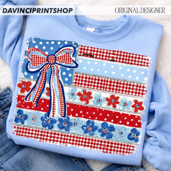 Coquette American Flag PNG, Patriotic Bow Ditsy Floral, Checkered USA Design, Retro Brushstroke, 4th of July Sublimation DTF Digital File