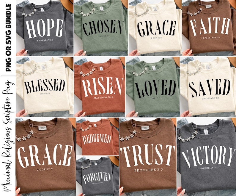 K&ouml;nnte beinhalten: Eine Sammlung von Sweatshirts mit Rundhalsausschnitt in verschiedenen Farben, die jeweils ein anderes religi&ouml;ses Wort in fetter wei&szlig;er Schrift tragen. Die W&ouml;rter sind "HOPE", "CHOSEN", "GRACE", "FAITH", "BLESSED", "RISEN", "LOVED", "SAVED", "TRUST", "VICTORY" und "FORGIVEN".
