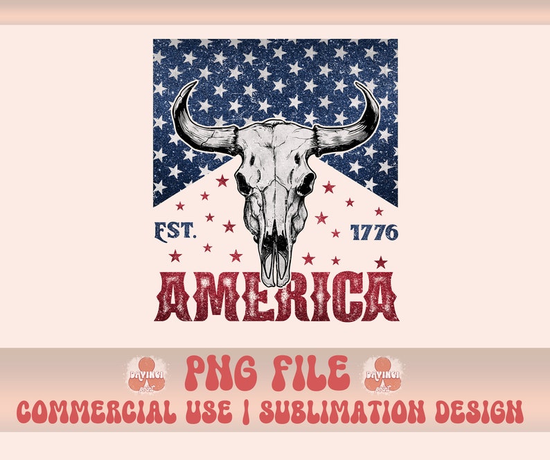 May include: A distressed, vintage-style graphic featuring a bull skull with horns against a red, white, and blue American flag background. The text "EST. 1776 AMERICA" is below the skull.