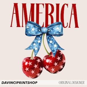 May include: A red, white, and blue patriotic design featuring the word "AMERICA" in red letters, a blue bow with white stars, and two red cherries with white stars.