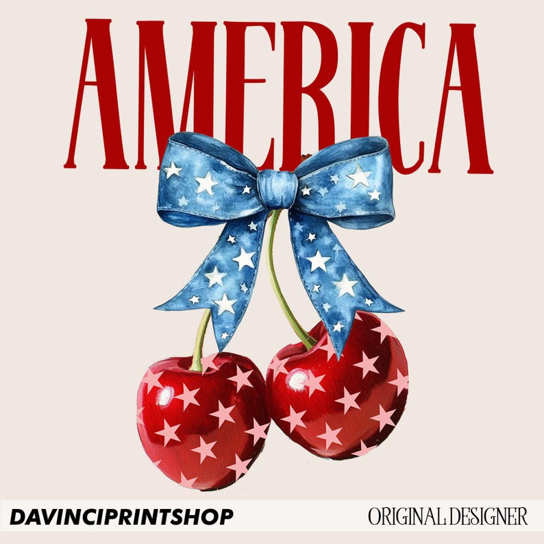 May include: A red, white, and blue patriotic design featuring the word "AMERICA" in red letters, a blue bow with white stars, and two red cherries with white stars.