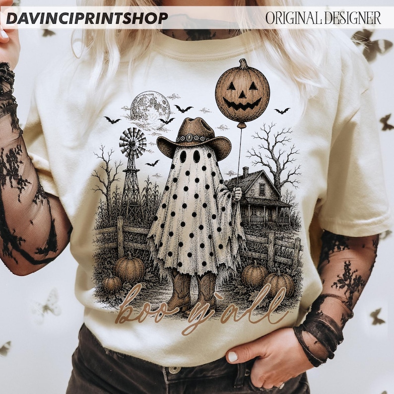 Boo ihr Geist PNG, Western Halloween Geist Sublimation, Vintage Bauernhaus Geist Cowgirl PNG, Gruseliger Herbst Land Shirt Design Bild 5