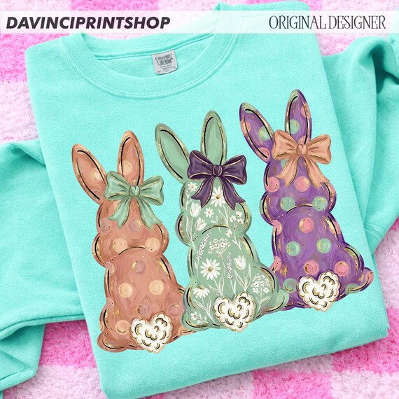 Easter Bunnies Hand-Painted PNG, Easter Bunny png, Coquette Easter Shirt png, Preppy Easter png, Hand Drawn Easter Bunny Shirt Sublimation
