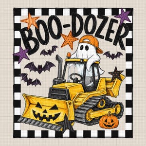 May include: A graphic illustration featuring a white ghost wearing an orange baseball cap driving a yellow bulldozer with a jack-o'-lantern face on the blade. The text BOO-DOZER is at the top, surrounded by purple and orange stars and bats.