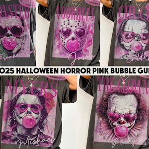 Retro Halloween Horror Characters blowing bubble png, Pink Halloween Png, Halloween Bundle png, Halloween Shirt png, Horror png file, pink