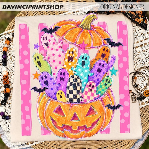 Preppy Stay Spooky PNG, Colorful Ghost Pumpkin Halloween Design, Coquette Polka Dot Ghosts, Cute Fall Shirt Sublimation, Trendy Boutique PNG