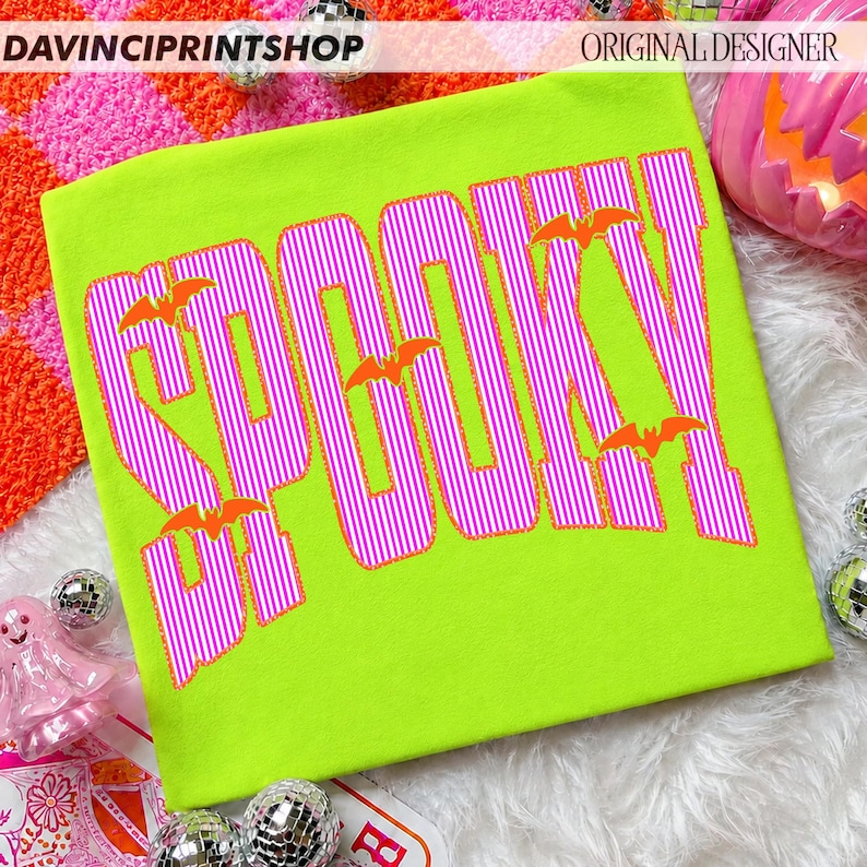 Preppy Spooky PNG Bundle, Varsity Halloween PNG, Striped Preppy Shirt Design, Cute Bat Shirt Design, Girly Halloween Sublimation image 7