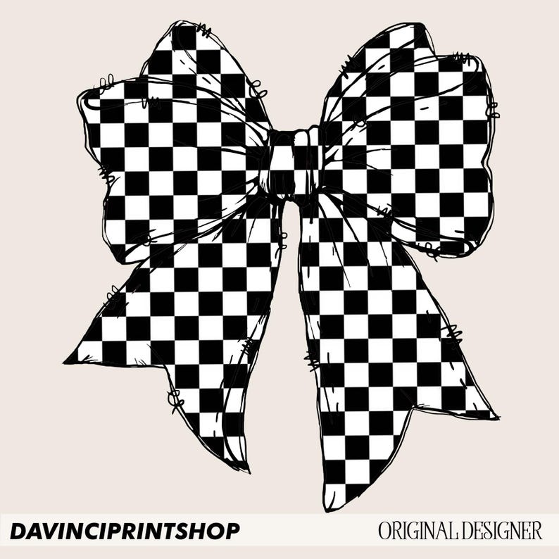 May include: A black and white checkered bow illustration with a stitched outline. The bow has a classic shape with two loops and two streamers. The text "DAVINCIPRINTSHOP" is at the bottom left, and "ORIGINAL DESIGNER" is at the bottom right.