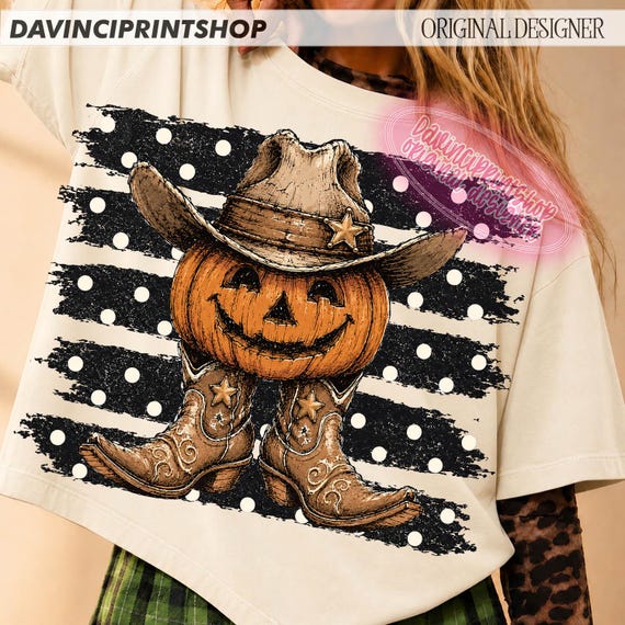 Western Pumpkin PNG, Pumpkin Boots PNG, Halloween Pumpkin Sublimation, Polka Dot Stripes Pumpkin, Cowgirl Fall Shirt Design, Western Png