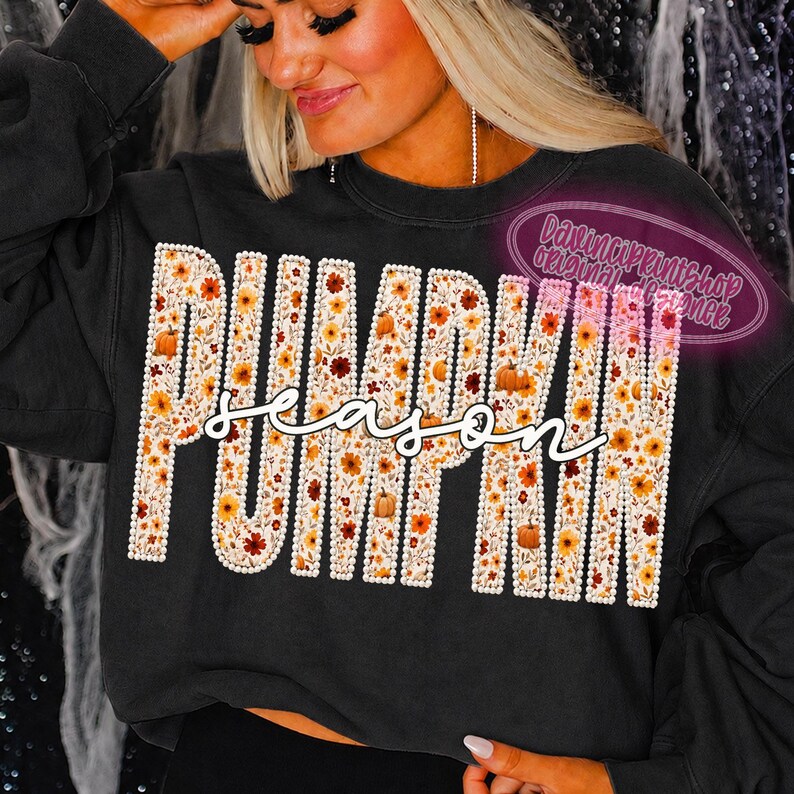 Floral Pearl Pumpkin Season PNG, Autumn Pumpkin Png, Faux Chenille Retro Fall Shirt PNG Download, Retro Thanksgiving Sublimation Download image 4