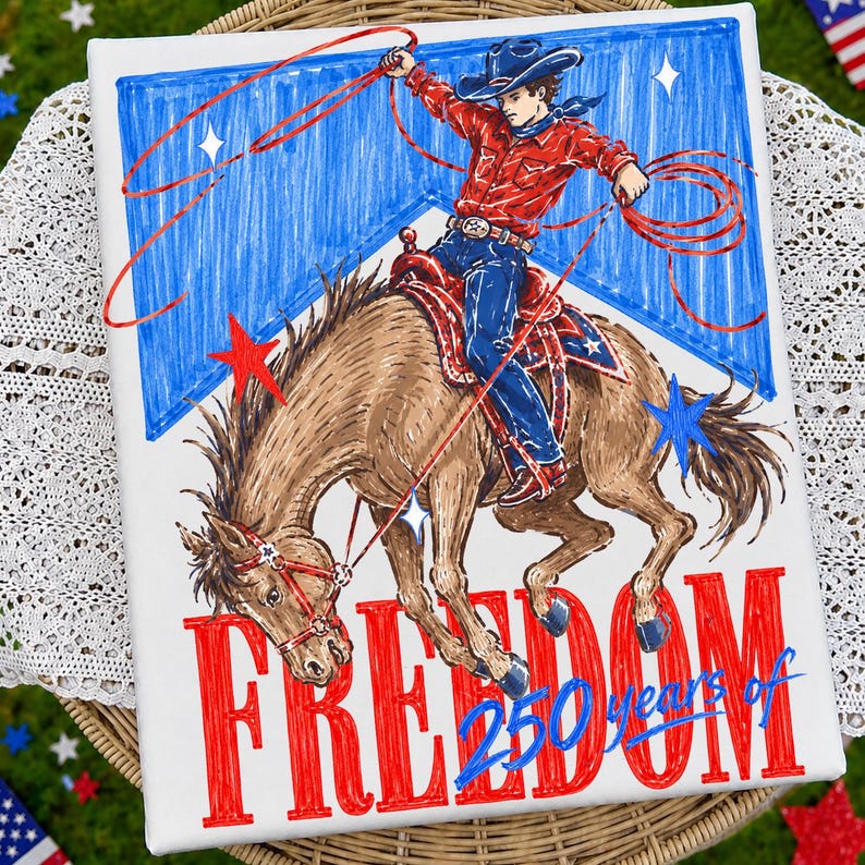 May include: A canvas print featuring a cowboy riding a bucking bronco, roping with a red lasso. The artwork is in red, blue, and brown, with the word "FREEDOM" and "250 years of" in red text. Stars and a blue banner are in the background.