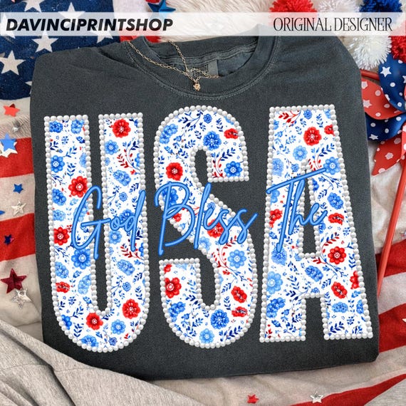 God Bless The USA png, Floral Patriotic USA Letters PNG, Pearl Outline Usa Design, Preppy America Sublimation, Girly Independence Day png