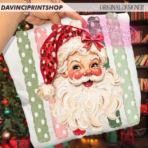Preppy Santa PNG, Polka Dot Christmas Stripes, Pink Leopard Santa Design, Coquette Holiday Sublimation, Girly Christmas Shirt PNG
