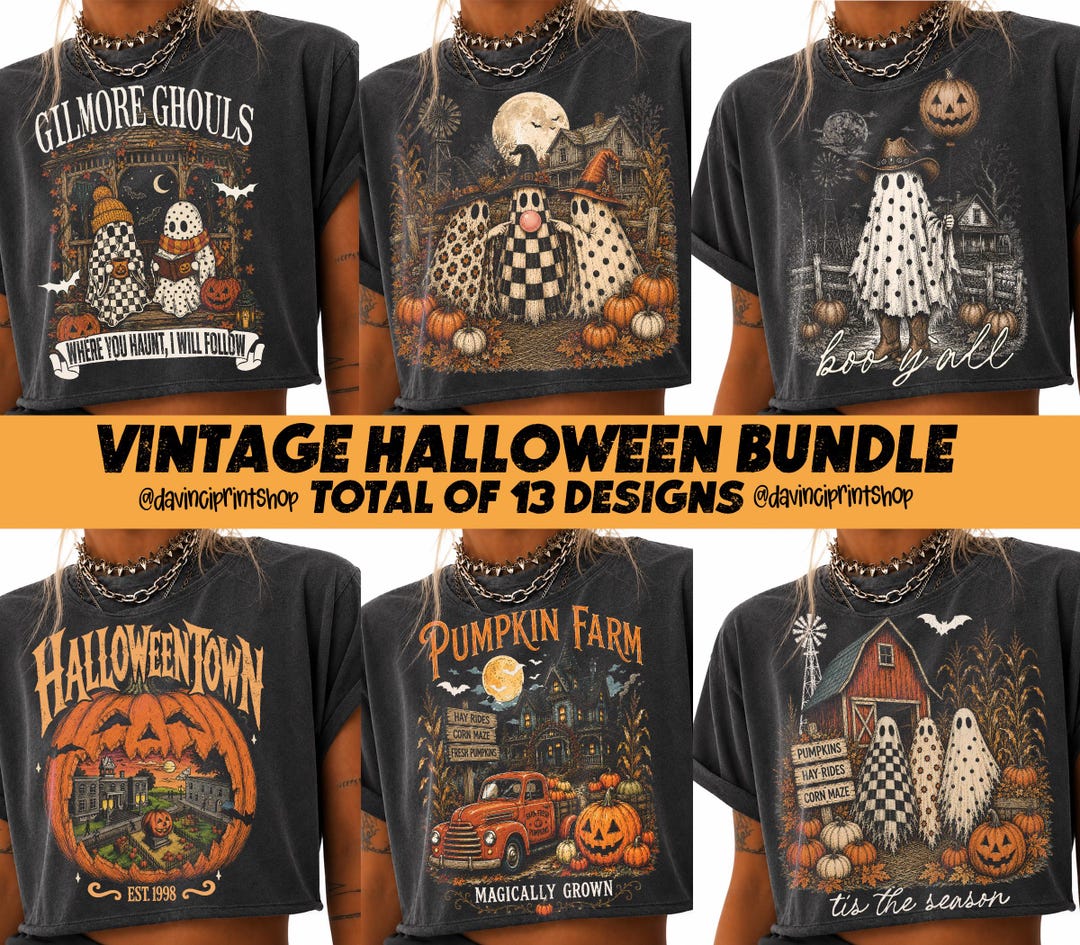 Vintage Halloween PNG Bundle, Retro Spooky Season Sublimation, Farmhouse Ghost Pumpkin Des