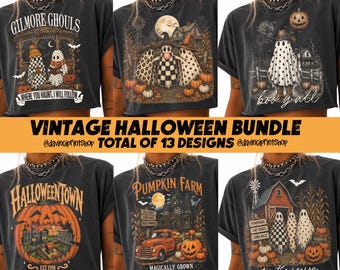 Vintage Halloween PNG Bundle, Retro Spooky Season Sublimation, Farmhouse Ghost Pumpkin Designs, Halloween Shirt PNG, Digital Download
