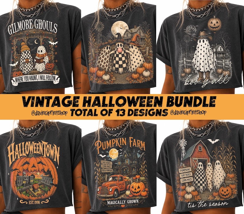Vintage Halloween PNG Bundle, Retro Gruselige Saison Sublimation, Bauernhaus Geist Kürbis Designs, Halloween Shirt PNG, digitaler Download Bild 1