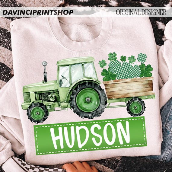 St.Patricks Day Tractor Boy Name Patch Png, Kids Shirt Png, Lucky Boy png, St.Patricks Day Shamrock Watercolor Digital Download Sublimation