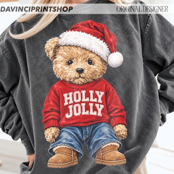 Holly Jolly Bear PNG, Christmas Bear PNG, Cute Santa Hat PNG, Cozy Christmas Sweatshirt Design, Vintage Christmas Png