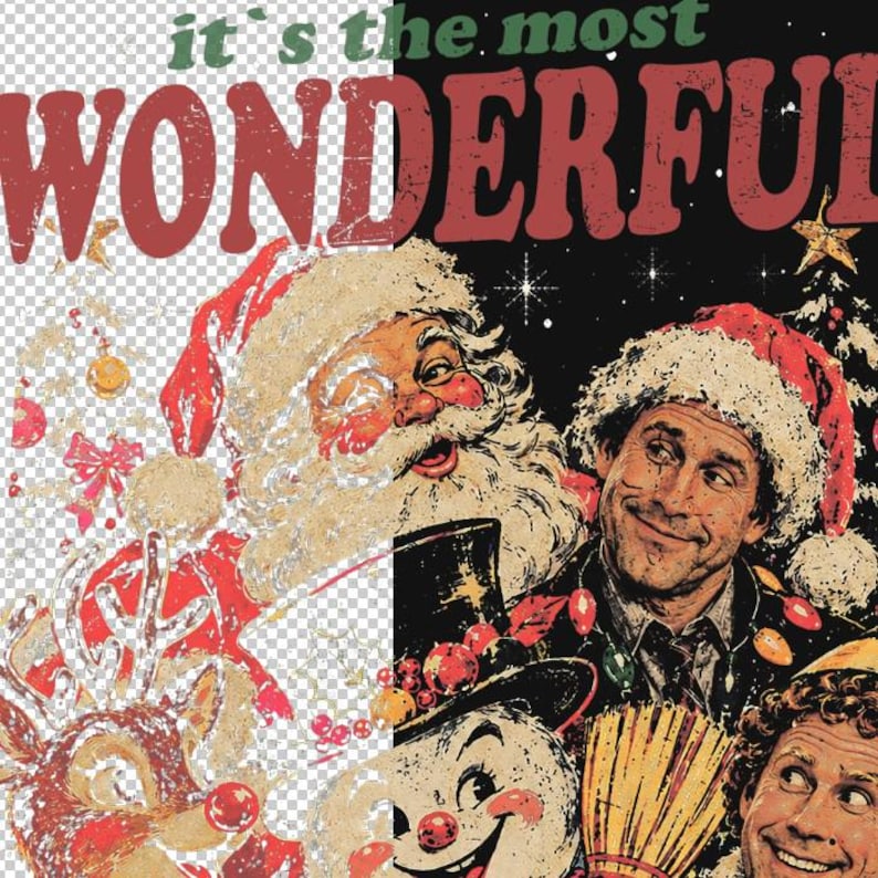 K&ouml;nnte beinhalten: Ein Grafikdesign mit dem Text it's the most WONDERFUL und einer Illustration im Vintage-Stil von Santa Claus, einem Rentier, einem Schneemann und einem Mann mit Weihnachtsm&uuml;tze vor einem dunklen Hintergrund mit festlichen Elementen.