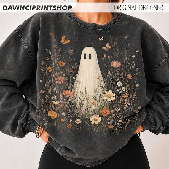 Wildflower Ghost PNG, Boho Floral Halloween Sublimation Design, Vintage Spooky Season Ghost, Fall Flowers PNG, Cute Ghost PNG