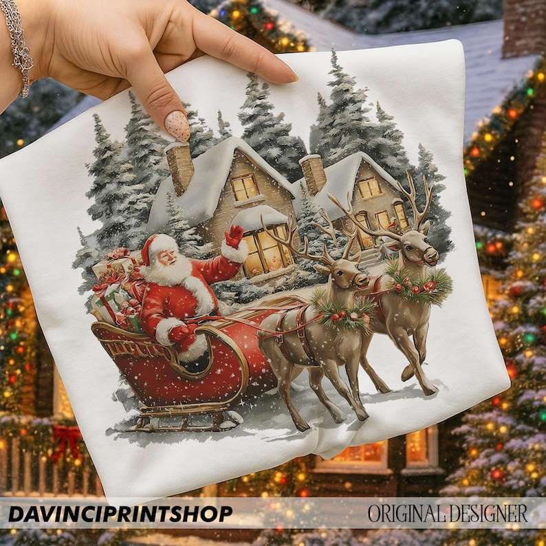 May include: White Christmas cushion cover with a festive design of Santa Claus in a red sleigh, pulled by reindeer, set against snowy houses and trees. The text "DAVINCIPRINTSHOP" is at the bottom.