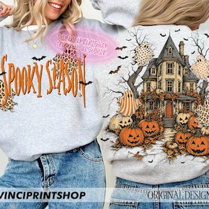 Vintage Halloween PNG, Haunted House Ghost PNG, Spooky Season Shirt Design, Leopard Print Ghost, Front Back Sweatshirt PNG