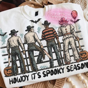 Howdy It's Spooky Season PNG, Halloween Horror Characters Western Shirt Design, Spooky Cowboy Graphic, Retro Halloween Country Art