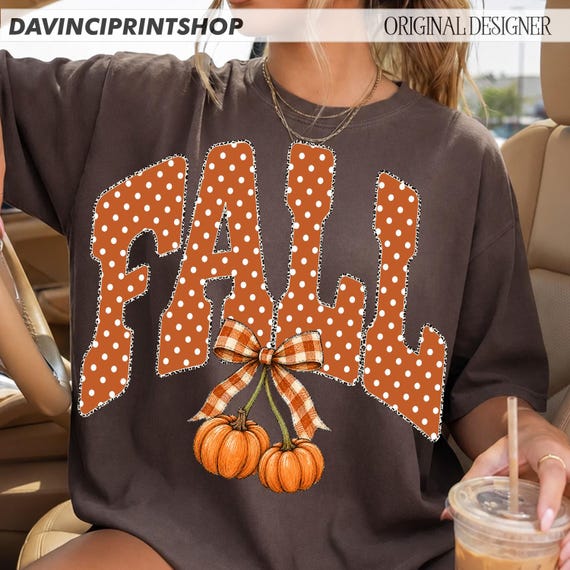 Fall Pumpkin Bow PNG, Preppy Fall PNG, Coquette Autumn Design, Cute Pumpkin Shirt PNG, Polka Dot Fall Letters, Autumn Sublimation