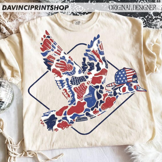 Camo Flying Mallard Duck PNG, 4th of July Patriotic Duck Hunting Sublimation Design, USA Red White Blue Digital Download