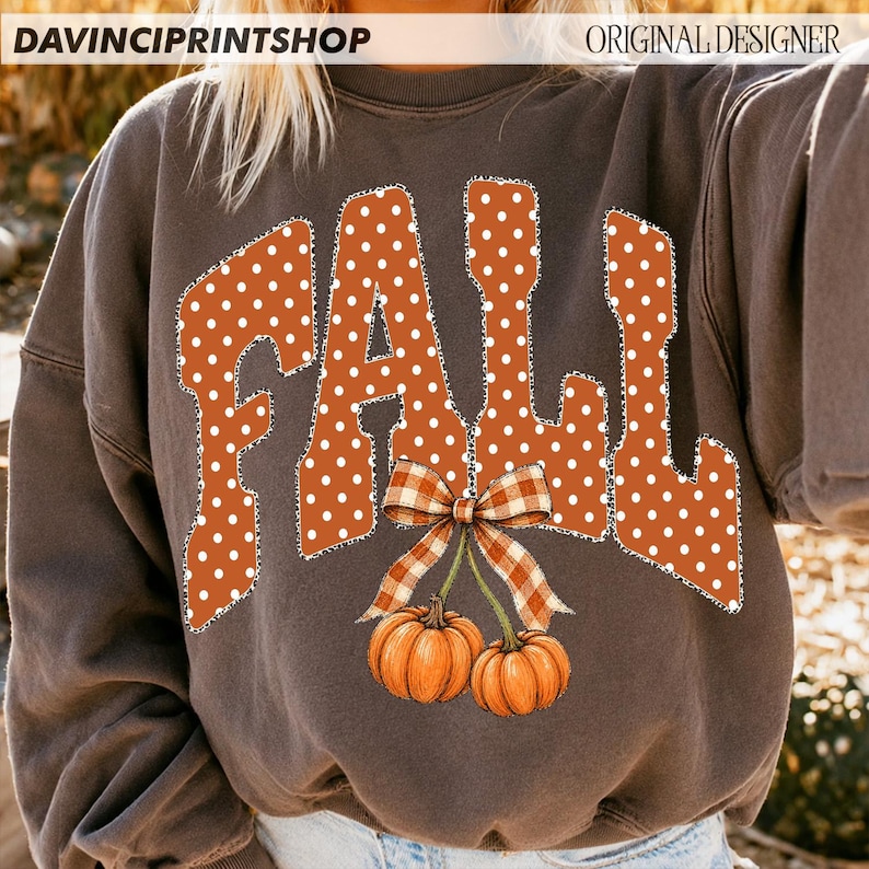 Fall Pumpkin Bow PNG, Preppy Fall PNG, Coquette Autumn Design, Cute Pumpkin Shirt PNG, Polka Dot Fall Letters, Autumn Sublimation image 8