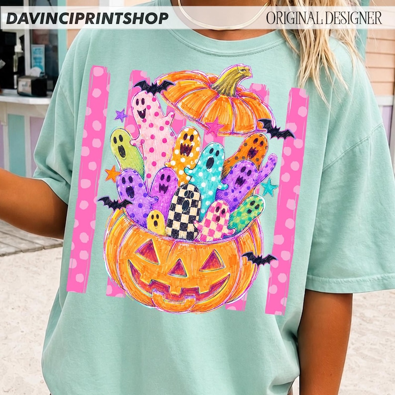 Preppy Stay Spooky PNG, Colorful Ghost Pumpkin Halloween Design, Coquette Polka Dot Ghosts, Cute Fall Shirt Sublimation, Trendy Boutique PNG image 7