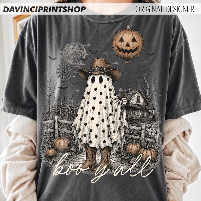 Boo ihr Geist PNG, Western Halloween Geist Sublimation, Vintage Bauernhaus Geist Cowgirl PNG, Gruseliger Herbst Land Shirt Design Bild 4
