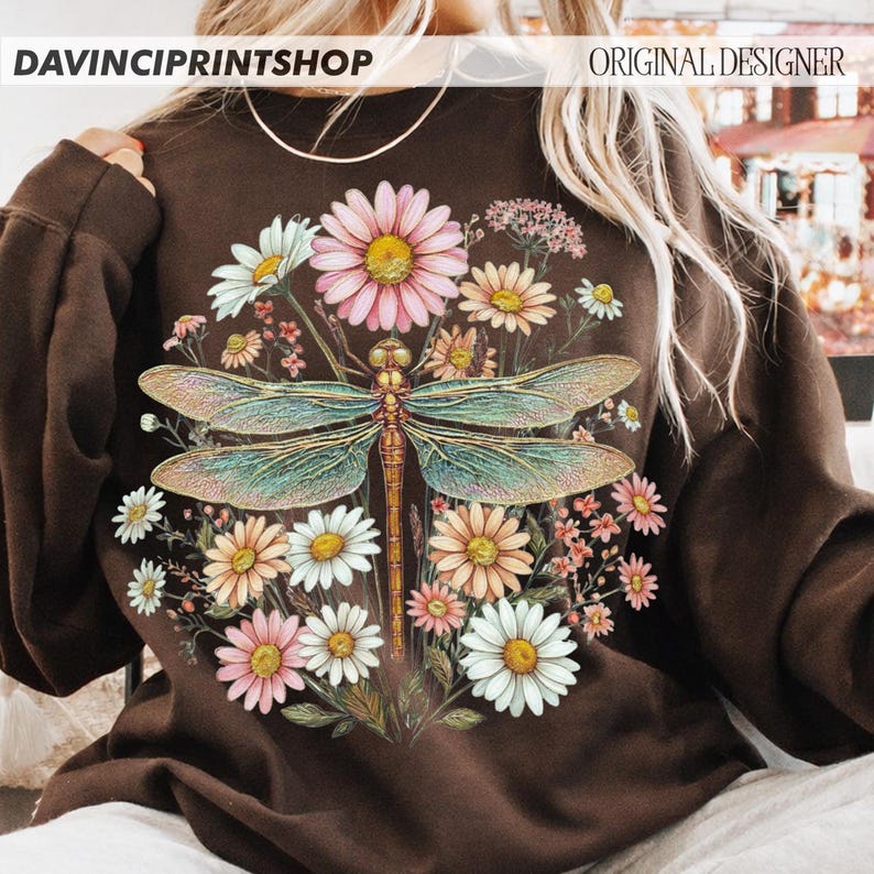 Dragonfly Daisy PNG – Floral Spring Woman Design, Vintage Botanical ...