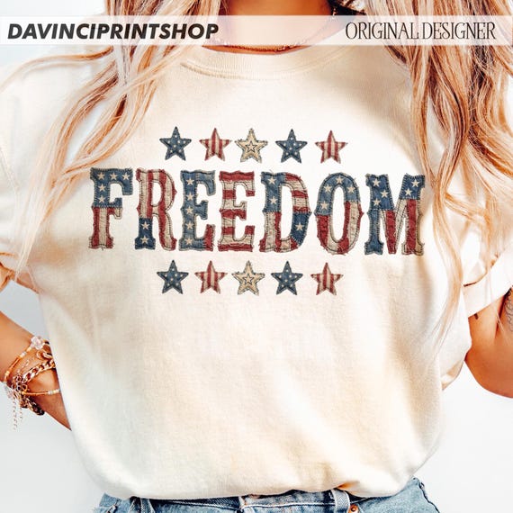Freedom PNG, American Flag Patchwork Letters PNG, Patriotic USA Stars Stripes Design, 4th of July Sublimation Graphic, Independence Day Png