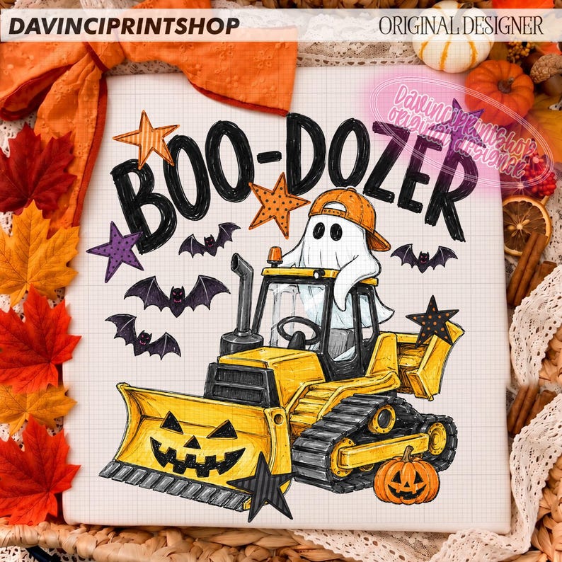 May include: A white square graphic featuring a yellow bulldozer with a jack-o'-lantern face, driven by a white ghost wearing an orange baseball cap. The text BOO-DOZER is written in black above the vehicle, surrounded by purple and orange stars and bats.