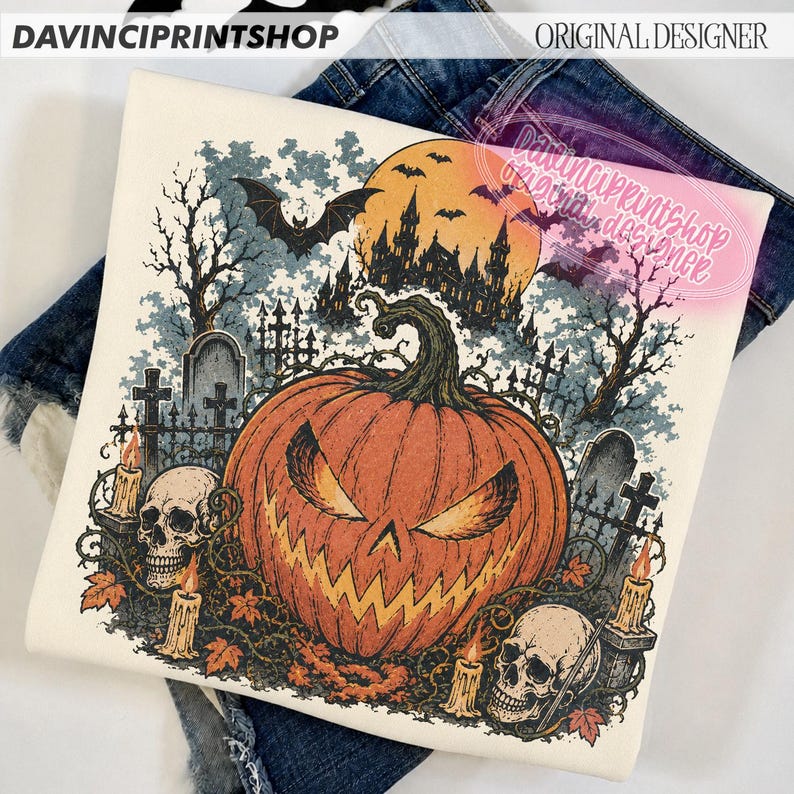 May include: A cream-coloured t-shirt featuring a graphic print of a large orange jack-o'-lantern, two human skulls, lit candles, and a spooky graveyard scene with a castle and a full moon. The shirt is folded over a pair of blue denim jeans.